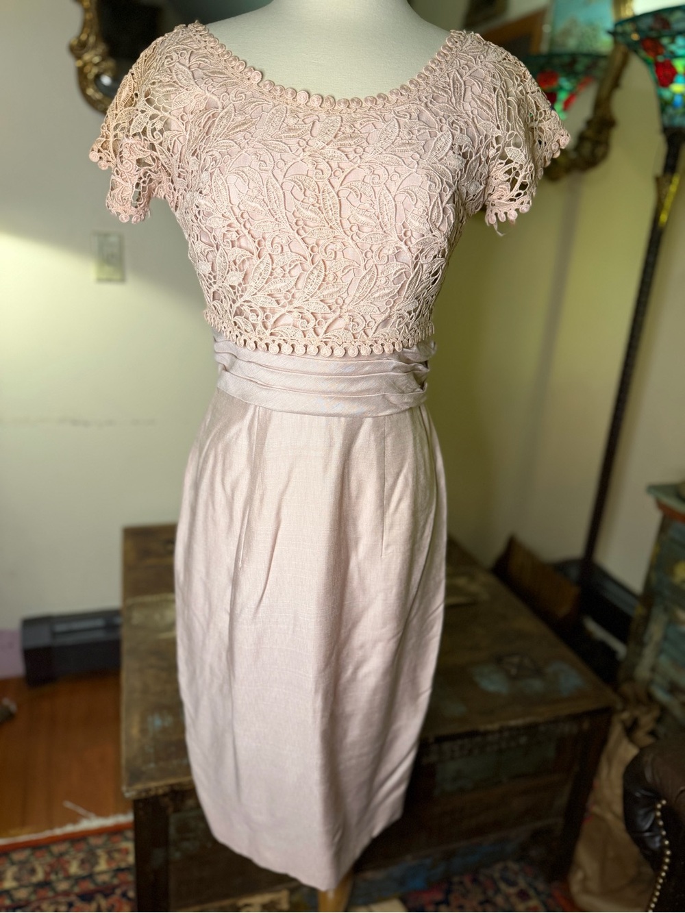 1963 Silk Shantung Custom-Made Cocktail Blush Pink Lace Bodice Midi Dress